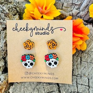 Minimalist Dia de los Muertos Earrings Stud Set | Dia De los Muertos Earrings Studs | Day of the Dead Earrings Set | Kawaii Earrings Stud