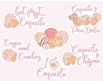 Cafecito and Chisme Holographic Stickers, cafecito stickers, cafecito and conchas, coffee stickers, conchas stickers, waterproof stickers