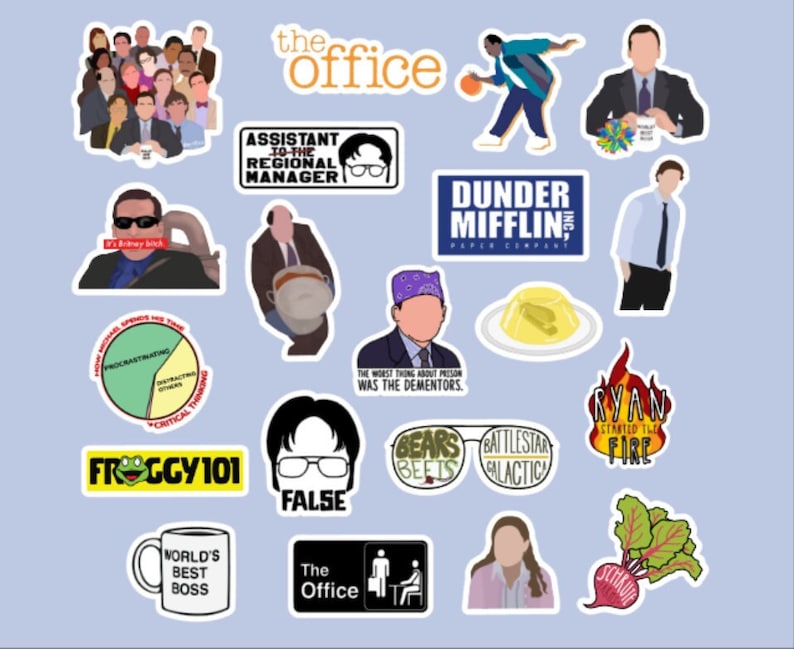 May include: A set of 16 The Office themed stickers featuring characters, quotes, and logos from the popular TV show. The stickers are printed on white paper with a glossy finish.