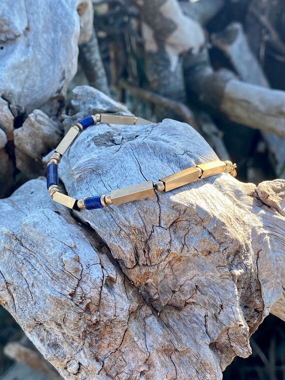 Vintage lapis lazuli and gold tone beaded bracelet - image 6