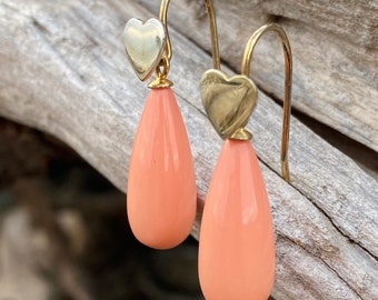 Vintage pink ceramic teardrop and .925 silver heart earrings