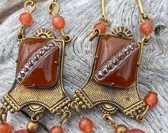 Antique brass and carnelian flapper earrings