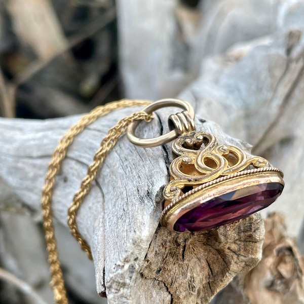 Antique gold filled purple glass fob pendant