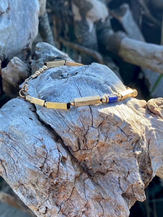 Vintage lapis lazuli and gold tone beaded bracelet - image 5