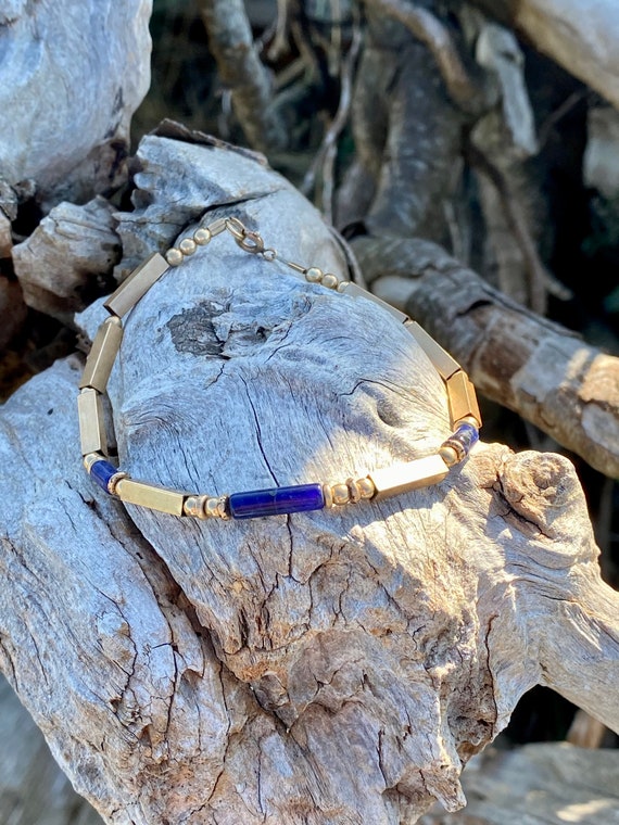 Vintage lapis lazuli and gold tone beaded bracelet - image 2