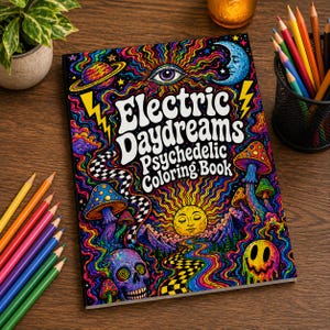 May include: A psychedelic coloring book titled "Electric Daydreams" with a vibrant cover featuring a colorful illustration of a surreal landscape with mushrooms, a skull, and a smiling sun. Colored pencils are arranged on a wooden surface.