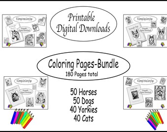 Paquete de páginas para colorear imprimibles: 180 páginas en total: caballos, perros, gatos y yorkshire terrier. Descarga digital instantánea