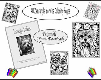 Páginas para colorear imprimibles - 40 Yorkies estilo Zentangle - Descarga instantánea