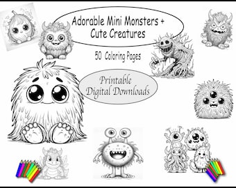Páginas para colorear imprimibles: adorables mini monstruos y lindas criaturas: descarga instantánea