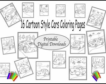 Páginas para colorear para niños - 16 vehículos estilo dibujos animados con diferentes escenas - Páginas para colorear de coches para niños