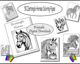 Páginas para colorear imprimibles - 50 caballos estilo Zentangle - Descarga instantánea