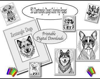 Páginas para colorear imprimibles - 50 perros estilo Zentangle - Razas variadas - Descarga instantánea