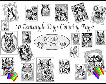 Páginas para colorear imprimibles - 20 perros estilo Zentangle - Descarga instantánea