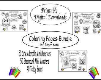 Paquete de páginas para colorear imprimibles: 40 osos de peluche, 100 adorables mini monstruos, 140 páginas en total, descarga digital instantánea