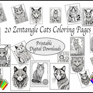 May include: 20 printable coloring pages featuring intricate Zentangle designs of cats. Each page is a unique and detailed illustration of a cat with various poses and expressions. The pages are perfect for adults and children who enjoy coloring and creating art.