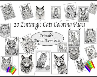 Páginas para colorear imprimibles - 20 gatos estilo Zentangle - Descarga instantánea