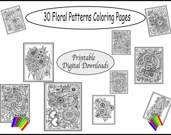 Páginas para colorear de patrones de flores imprimibles - 30 páginas para colorear florales - Páginas de patrones florales - Páginas de descarga digital