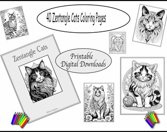 Páginas para colorear imprimibles - 40 gatos estilo Zentangle - Descarga instantánea
