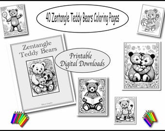 Páginas para colorear imprimibles - 40 osos de peluche estilo Zentangle - Descarga instantánea