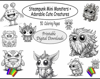 Páginas para colorear imprimibles: mini monstruos steampunk y adorables criaturas lindas: descarga instantánea