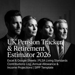 May include: Black and white image featuring four people in business attire. The text "UK Pension Tracker & Retirement Estimator 2026" is displayed prominently. Additional text includes "Excel & Google Sheets" and other financial terms.