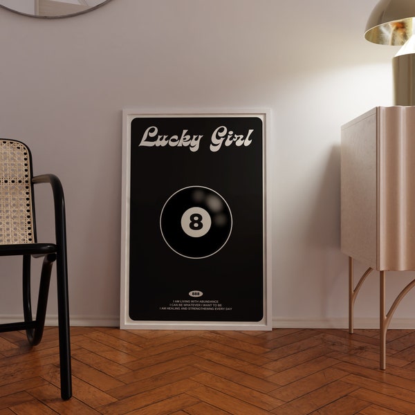 LUCKY GIRL eight ball self affirmation poster | Angel number 888 print | Aesthetic retro wall art | Retro 8 ball poster | Affirmation poster