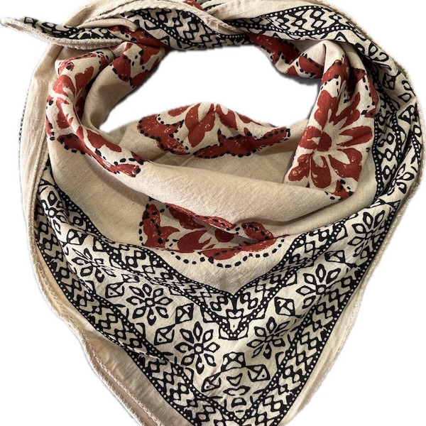 Handmade Block Print Bandana Scarf: Organic Cotton, Natural Dye
