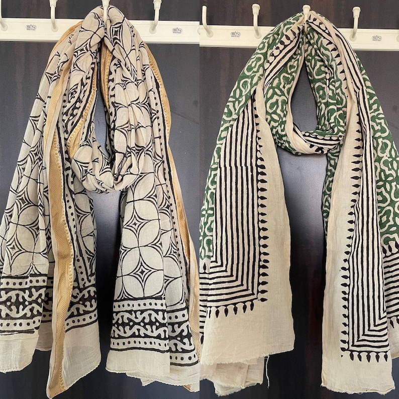 Set of 2 Hand Block Printed Cotton Sarong, Pack of Two sarongs Beach Wrap Pareo, Long Scarf, Large Sarong, Cover up. image 3