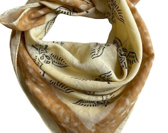 Bandana Scarf Handmade Hand Block Print Gamayun Bandana in Cream, Pumpkin and Steel - Handmade Organic Cotton Bandana