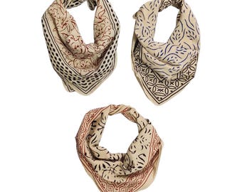 Lot de 3 bandanas en coton imprimé Bagru : foulards, 100 % coton Bandana 21 x 21