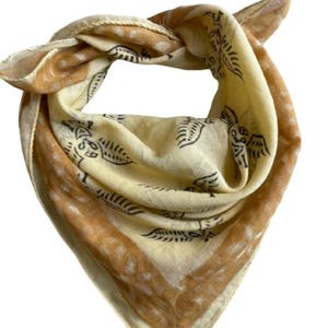 Handmade Block Print Cotton Bandana Scarf: Cream, Pumpkin & Steel