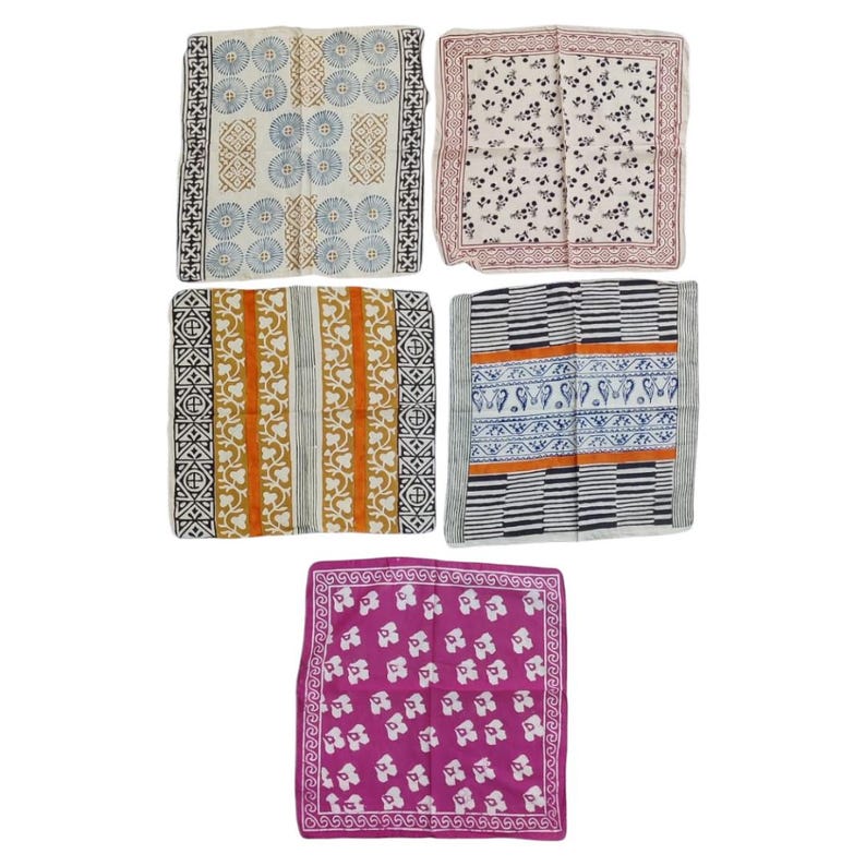 May include: Five assorted square handkerchiefs with various patterns. Designs include circles, floral, stripes, and geometric shapes in colors like blue, brown, orange, black, and pink. Each handkerchief has a patterned border.