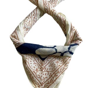 Bandana Scarf Handmade Hand Block Print  Bandana in Cream, Pumpkin and Steel - Handmade Organic Cotton Bandana