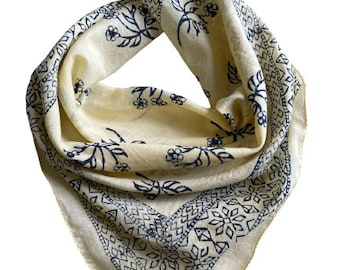 Bandana Scarf Handmade Hand Block Print Gamayun Bandana in Cream, Pumpkin and Steel - Handmade Organic Cotton Bandana