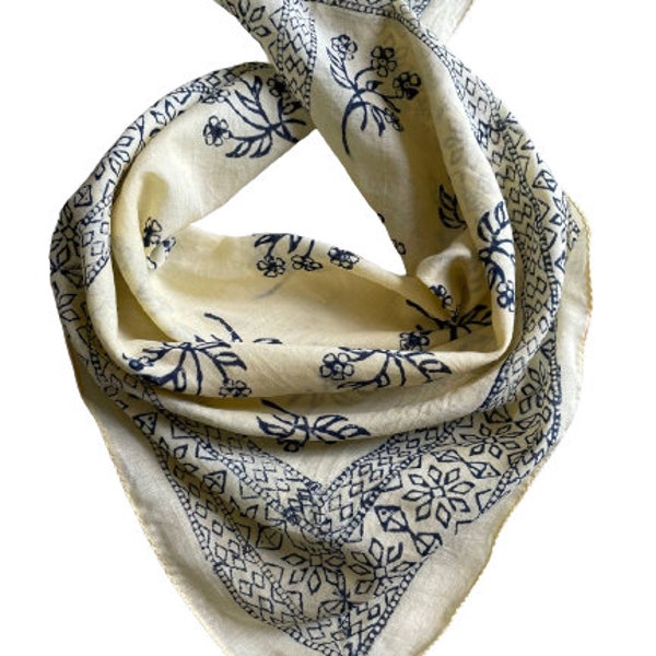 Bandana Scarf Handmade Hand Block Print Gamayun Bandana in Cream, Pumpkin and Steel - Handmade Organic Cotton Bandana