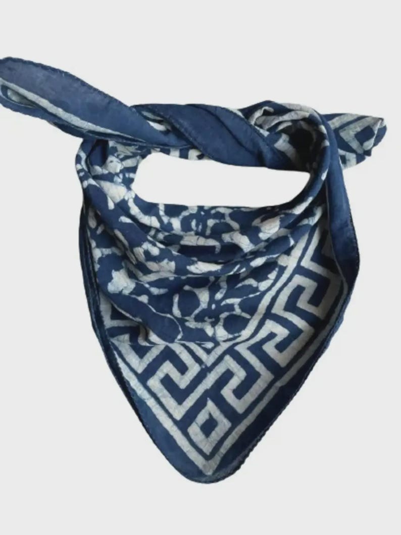 Handmade Block Print Cotton Bandana Scarf: Cream, Pumpkin & Steel image 1