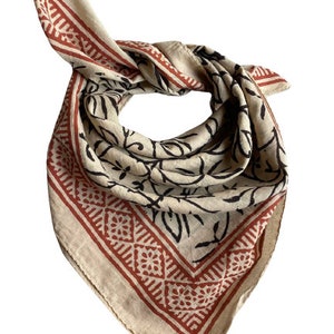 Bandana Scarf Handmade Hand Block Print Gamayun Bandana in Cream, Pumpkin and Steel - Handmade Organic Cotton Bandana