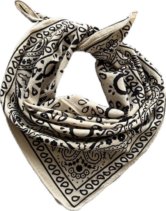 Handmade Block Print Bandana Scarf: Organic Cotton Cream & Black