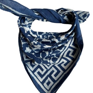 Bandana Scarf Handmade Hand Block Print  Bandana in Cream, Pumpkin and Steel - Handmade Organic Cotton Bandana