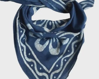 Handmade Block Print Cotton Indigo Bandana: Natural Dye Scarf