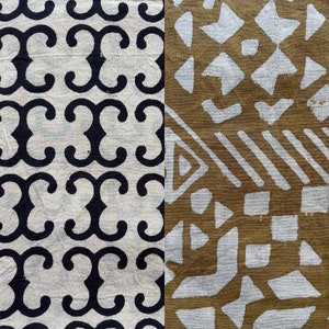 May include: Two fabric swatches with different patterns. The left swatch has a white background with a repeating black pattern of curved lines. The right swatch has a brown background with a white geometric pattern.