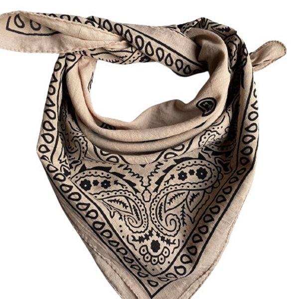 Bandana Scarf Handmade Hand Block Print Gamayun Bandana in Cream, Pumpkin and Steel - Handmade Organic Cotton Bandana