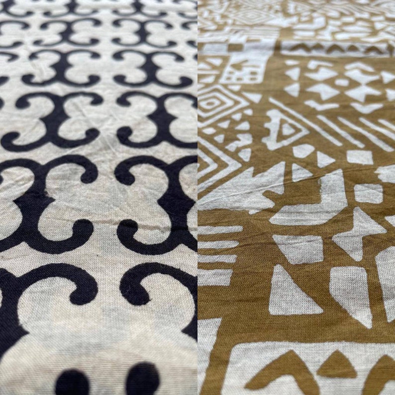 May include: Two fabric swatches with different patterns. The left swatch has a white background with a black repeating pattern of curved lines. The right swatch has a brown background with a white repeating pattern of geometric shapes.