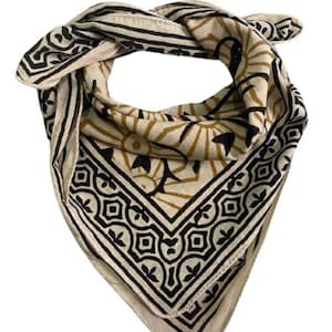 Bandana Scarf Handmade Hand Block Print  Bandana in Cream, Pumpkin and Steel - Handmade Organic Cotton Bandana