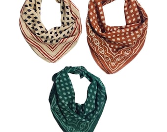 Lot de 3 bandanas en coton bio : écharpes vintage, bandana 21 x 21 teint naturel 100 % coton