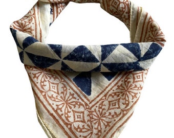 Bandana Scarf Handmade Hand Block Print Gamayun Bandana in Cream, Pumpkin and Steel - Handmade Organic Cotton Bandana