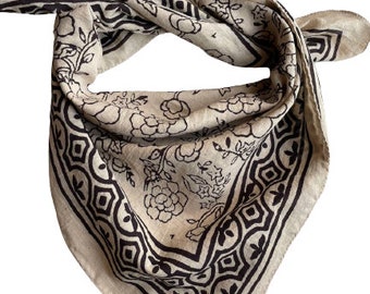 Bandana Scarf Handmade Hand Block Print Gamayun Bandana in Cream, Pumpkin and Steel - Handmade Organic Cotton Bandana