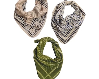 Lot de 3 bandanas en coton bio : écharpes vintage, bandana 21 x 21 teint naturel 100 % coton