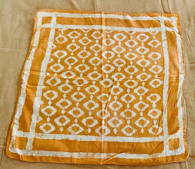 Bandana Scarf Handmade Hand Block Print  Bandana in Cream, Pumpkin and Steel - Handmade Organic Cotton Bandana