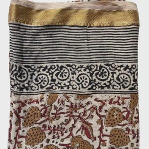 Handmade Cotton Sarong: Golden Jari Border Block Print Scarf